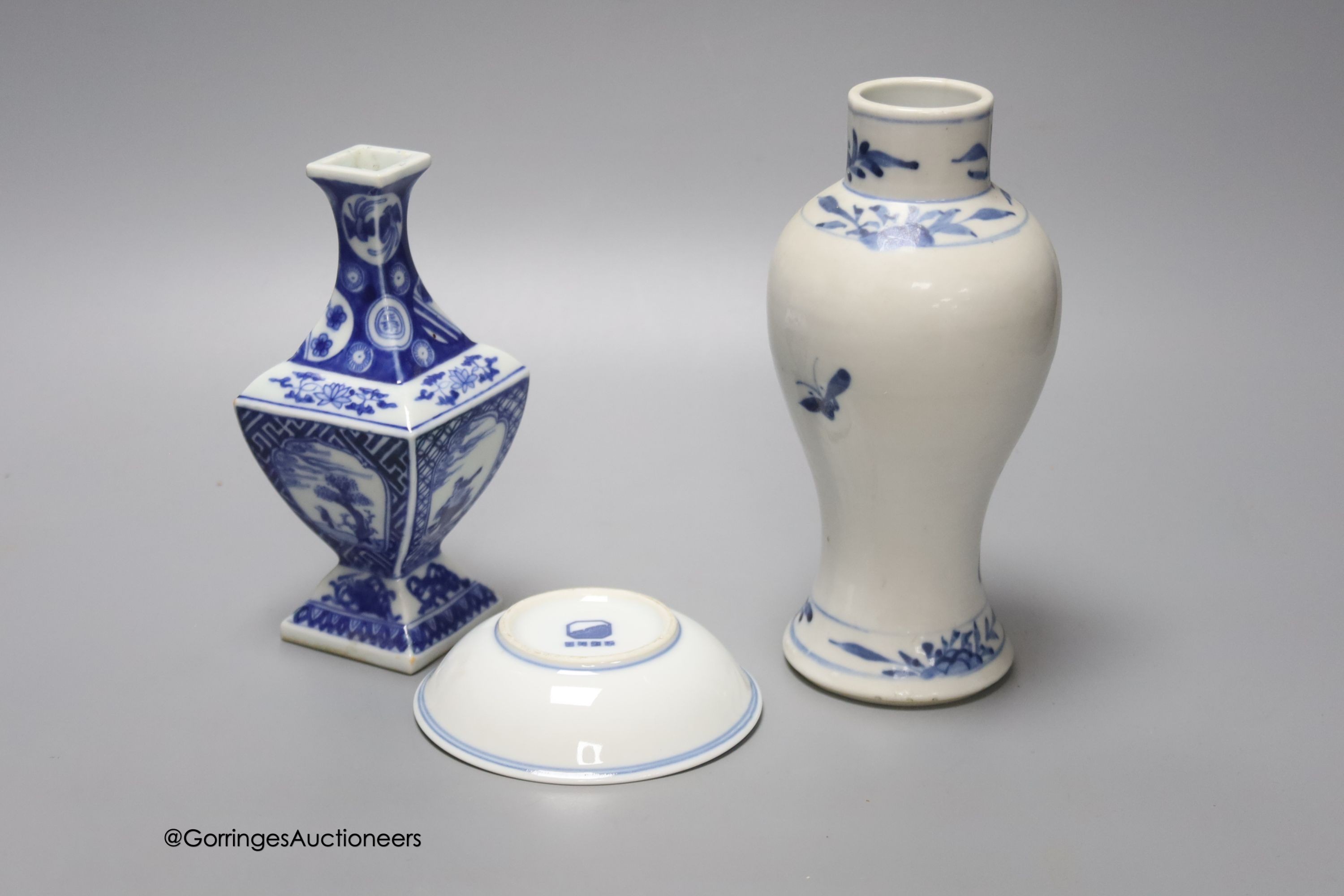 A Chinese baluster vase, a small dish and one other vase, 19th/20th century, tallest 18cm